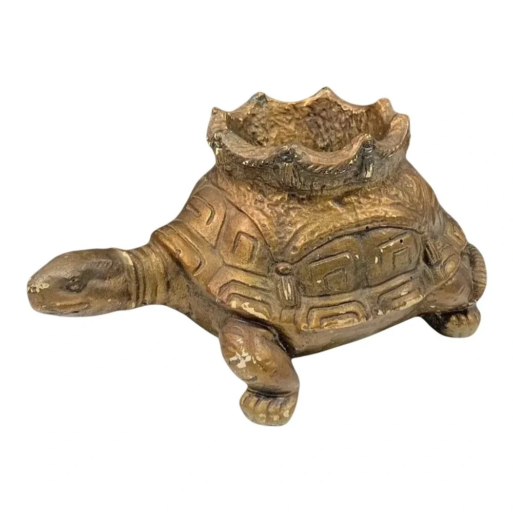 Vintage Turtle Trinket Dish Holder Gold Tone Crown Embossed Shell Desk Animal
